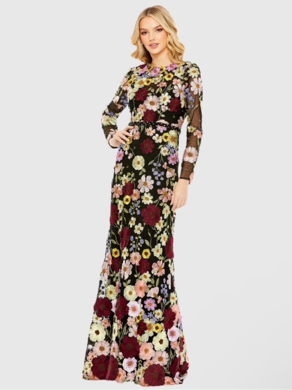Mac Duggal Embroidered Appliqué Black Floral Embroidered Long Sleeve Maxi Dress